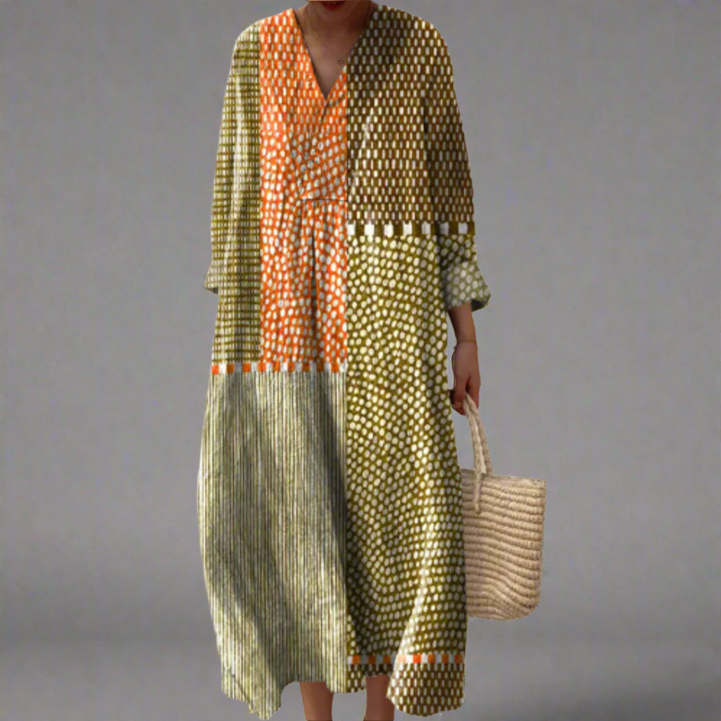 Vivienne™ | Vestito midi a patchwork con motivo a pois in tonalità terrose