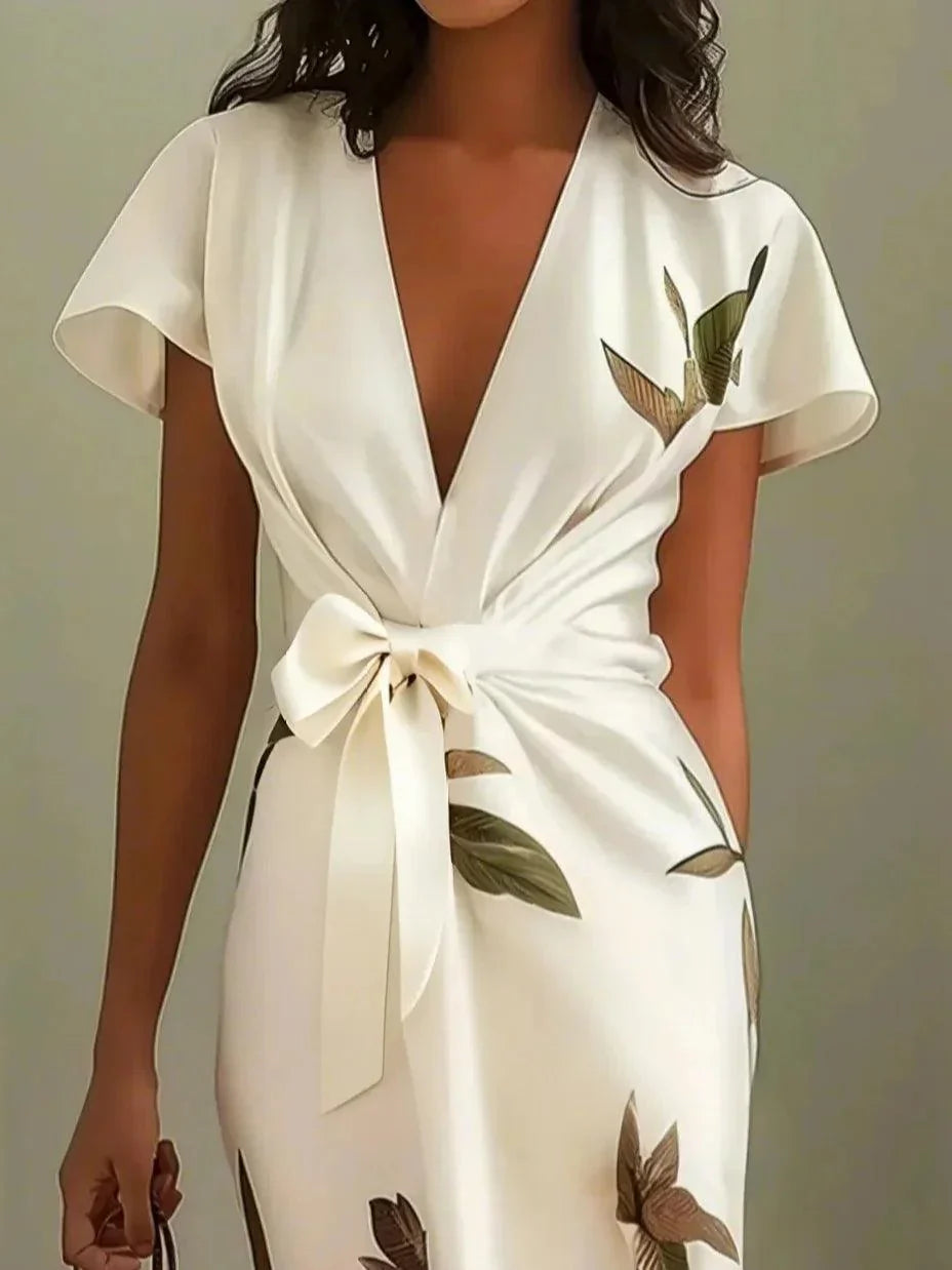 Daisy | Vestito midi avvolgente in satin con maniche corte e motivo foglia bianca