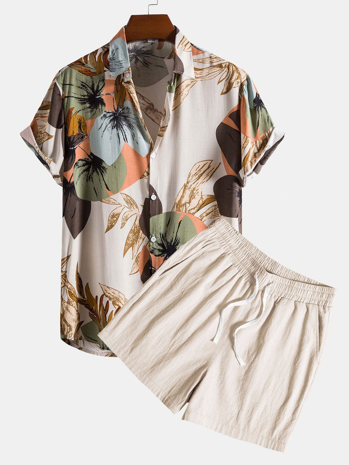 Jobe | Camicia con Stampa Tropicale e Pantaloni Corti in Cotone Testurizzato da 5"