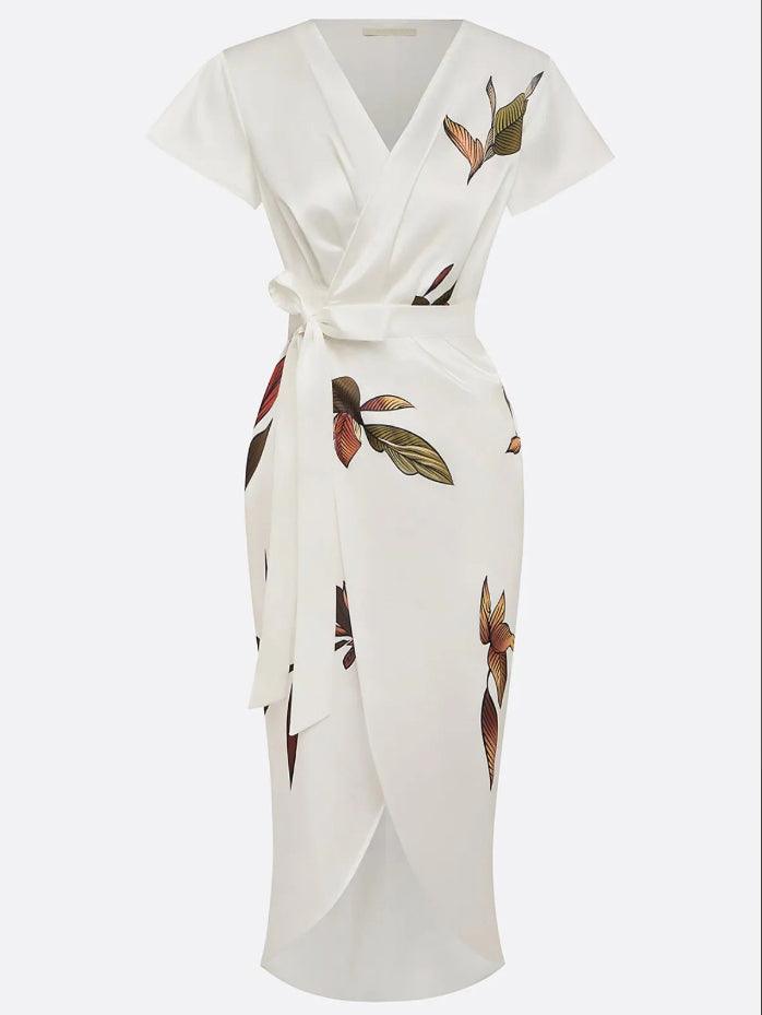 Daisy | Vestito midi avvolgente in satin con maniche corte e motivo foglia bianca