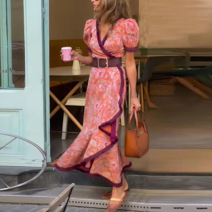 Aurora | Elegante Abito Maxi Rosa con Maniche Corte