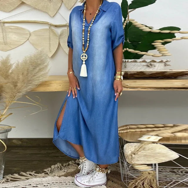 Lea™ | Abito lungo in denim con spacco laterale