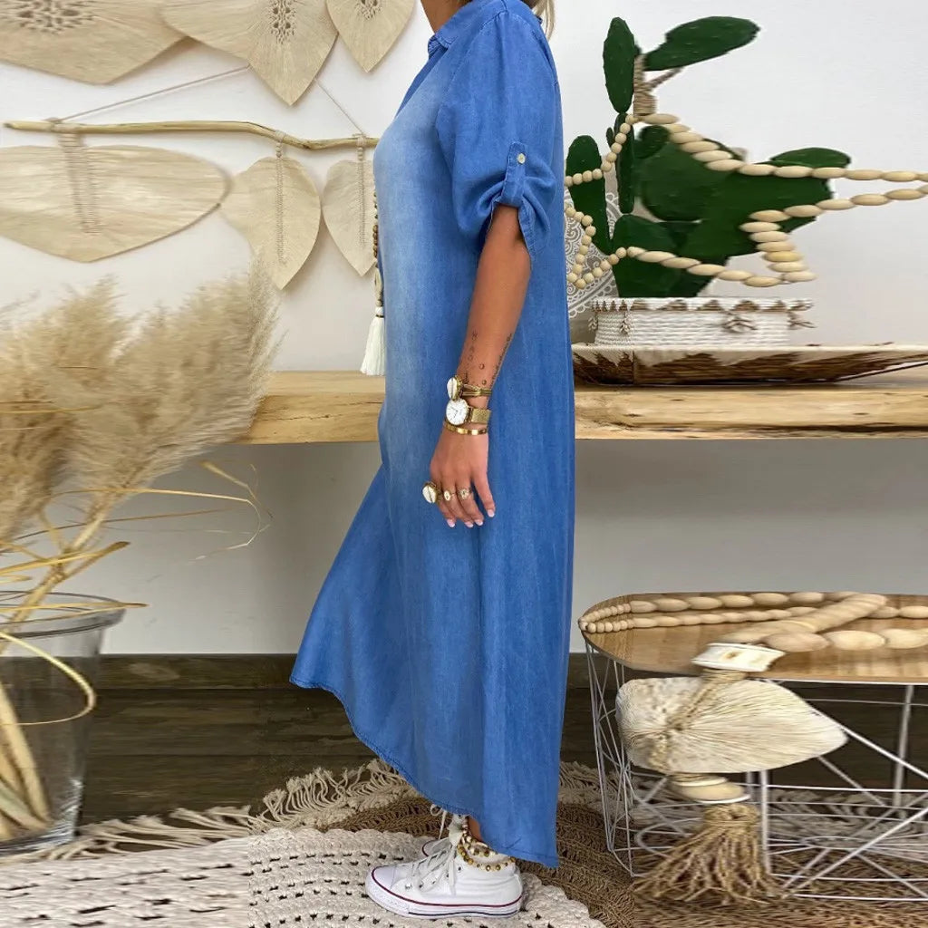 Lea™ | Abito lungo in denim con spacco laterale