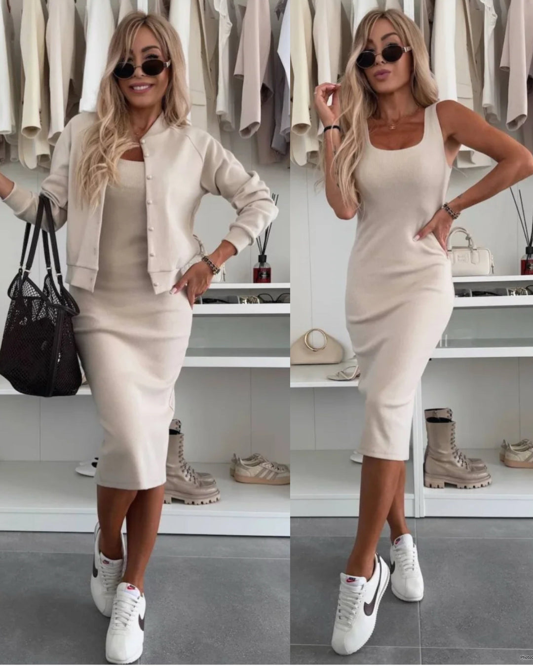 Karin™ | Abito midi in maglia a costine e set di giacche bomber