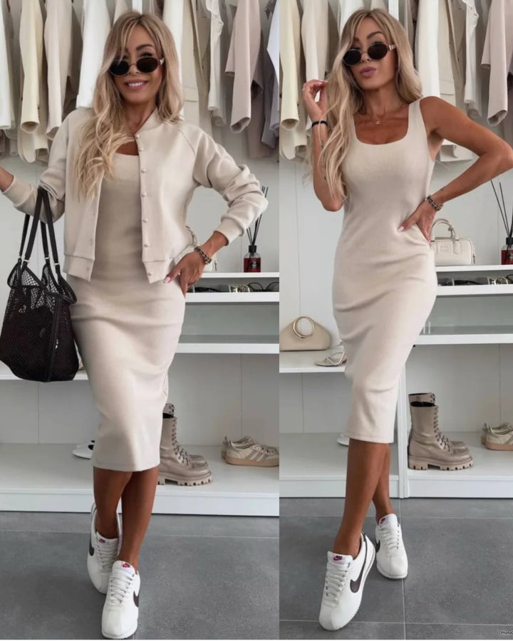 Karin™ | Abito midi in maglia a costine e set di giacche bomber