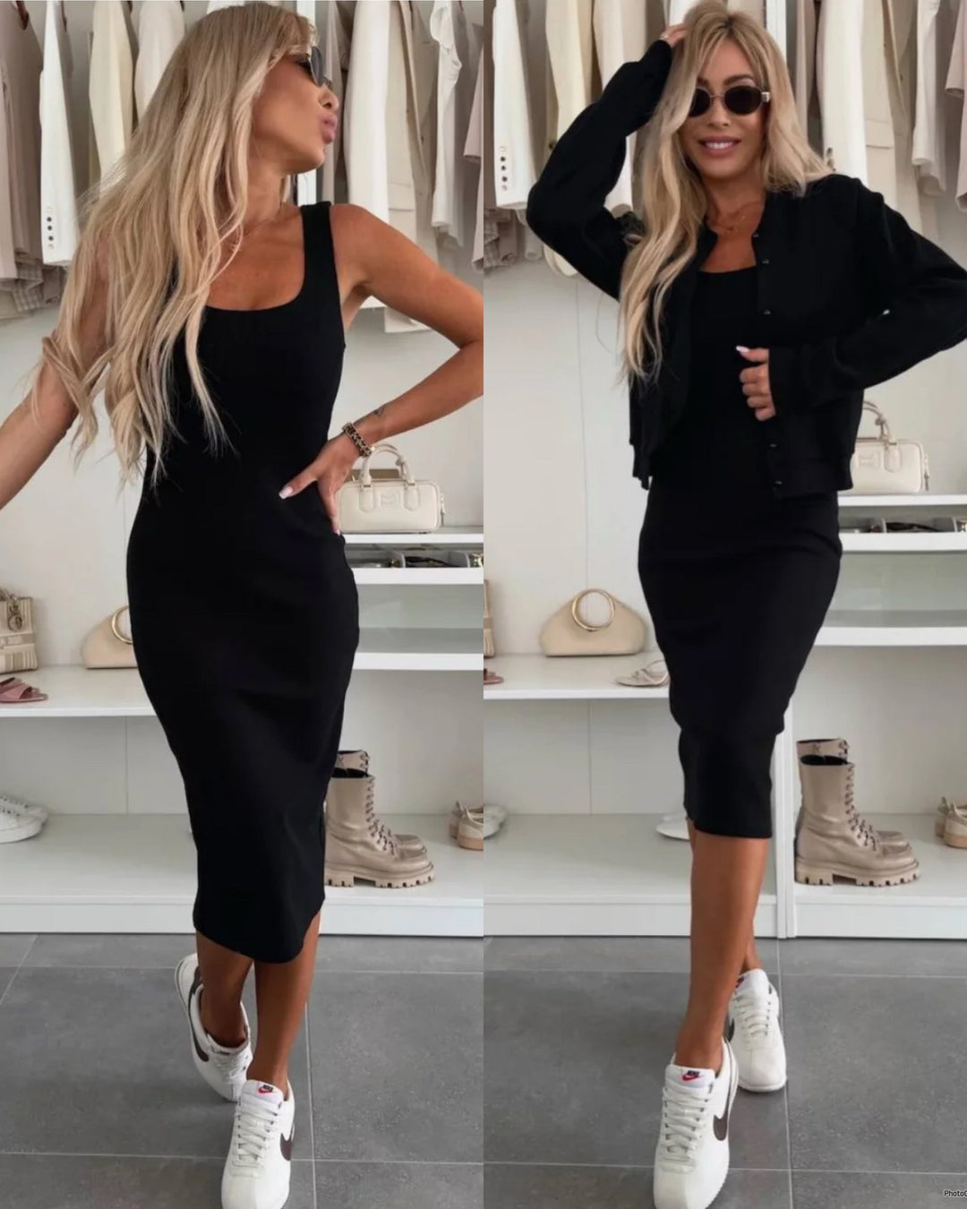 Karin™ | Abito midi in maglia a costine e set di giacche bomber