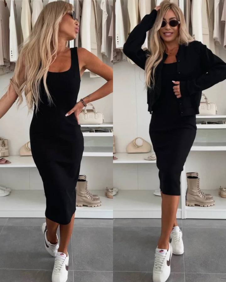 Karin™ | Abito midi in maglia a costine e set di giacche bomber