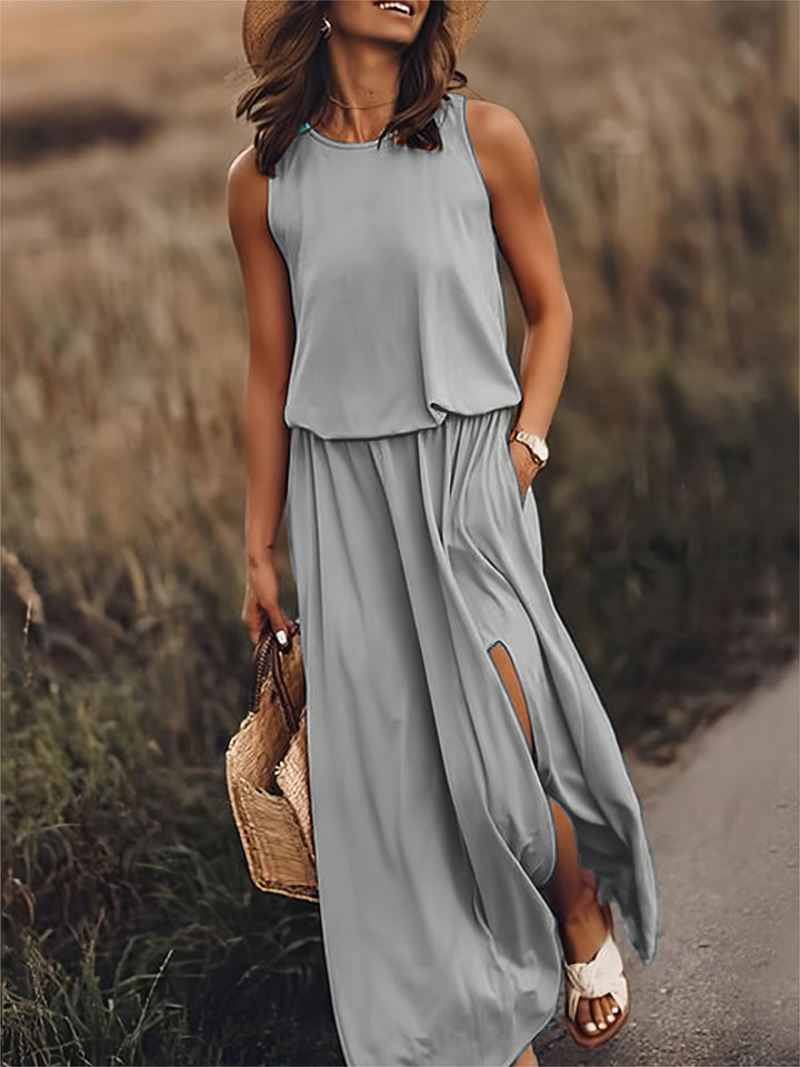 Celestina – Abito Maxi Senza Maniche con Spacco Laterale