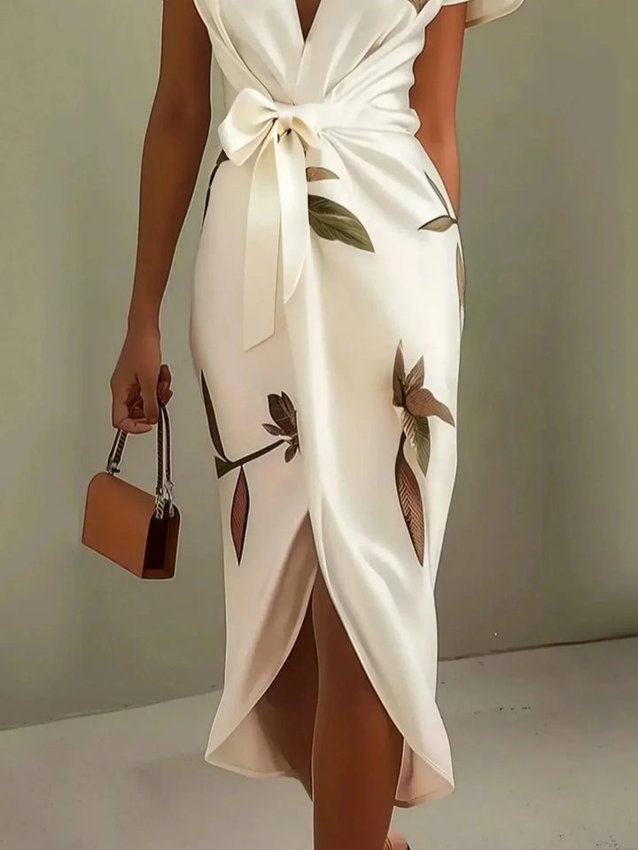Daisy | Vestito midi avvolgente in satin con maniche corte e motivo foglia bianca