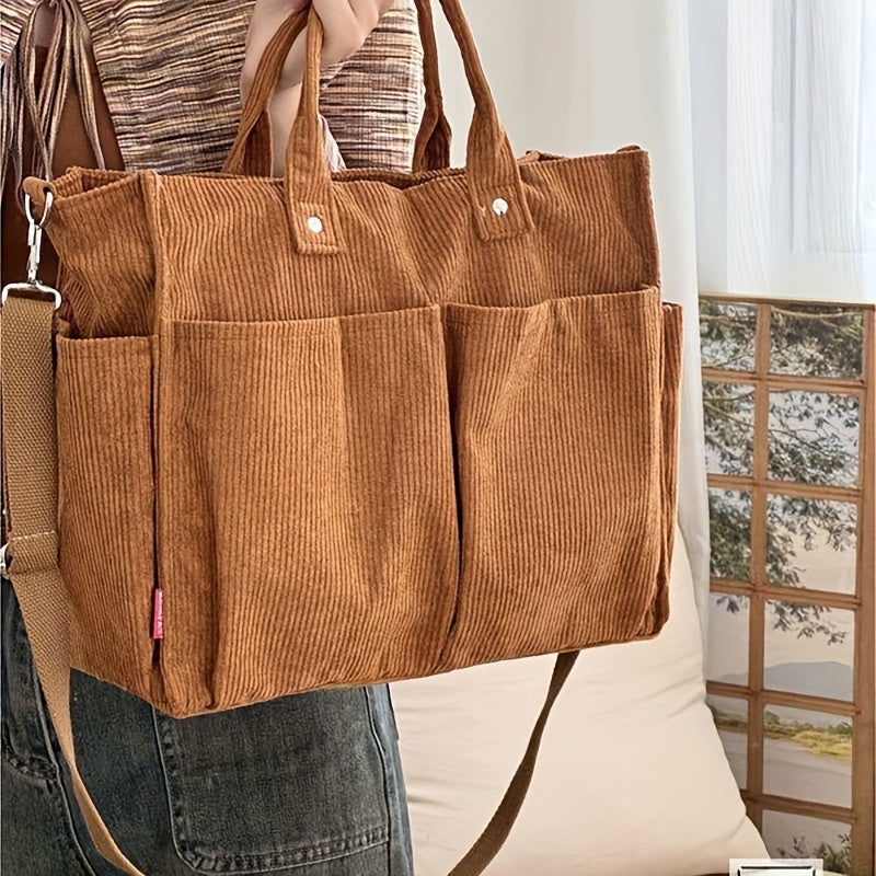 Borsa Tote in Velluto a Coste con Tasche