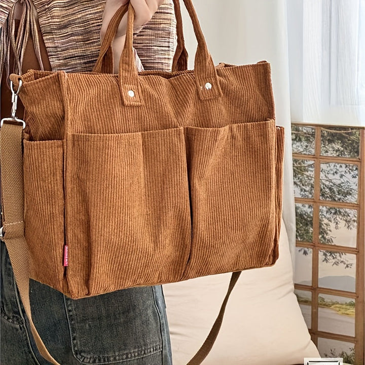 Borsa Tote in Velluto a Coste con Tasche