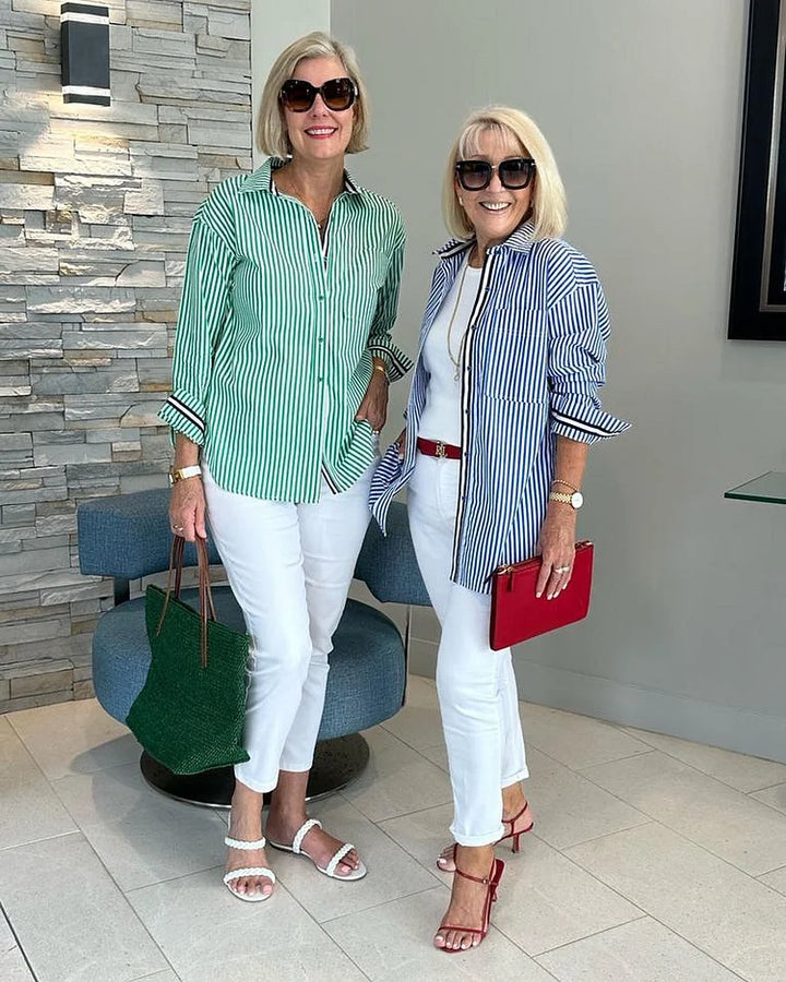 SARAH | CAMICIA A RIGHE CON COLLO A BOTTONI E COPERTURA DELLA PANCIA FLATTERING
