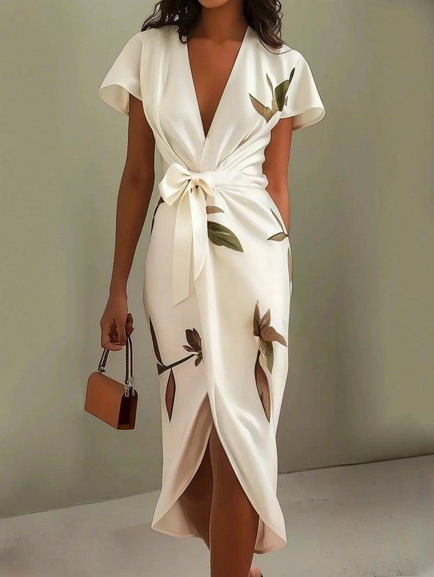 Daisy | Vestito midi avvolgente in satin con maniche corte e motivo foglia bianca