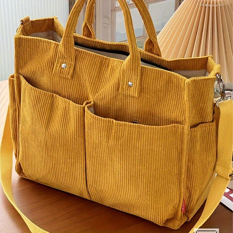 Borsa Tote in Velluto a Coste con Tasche