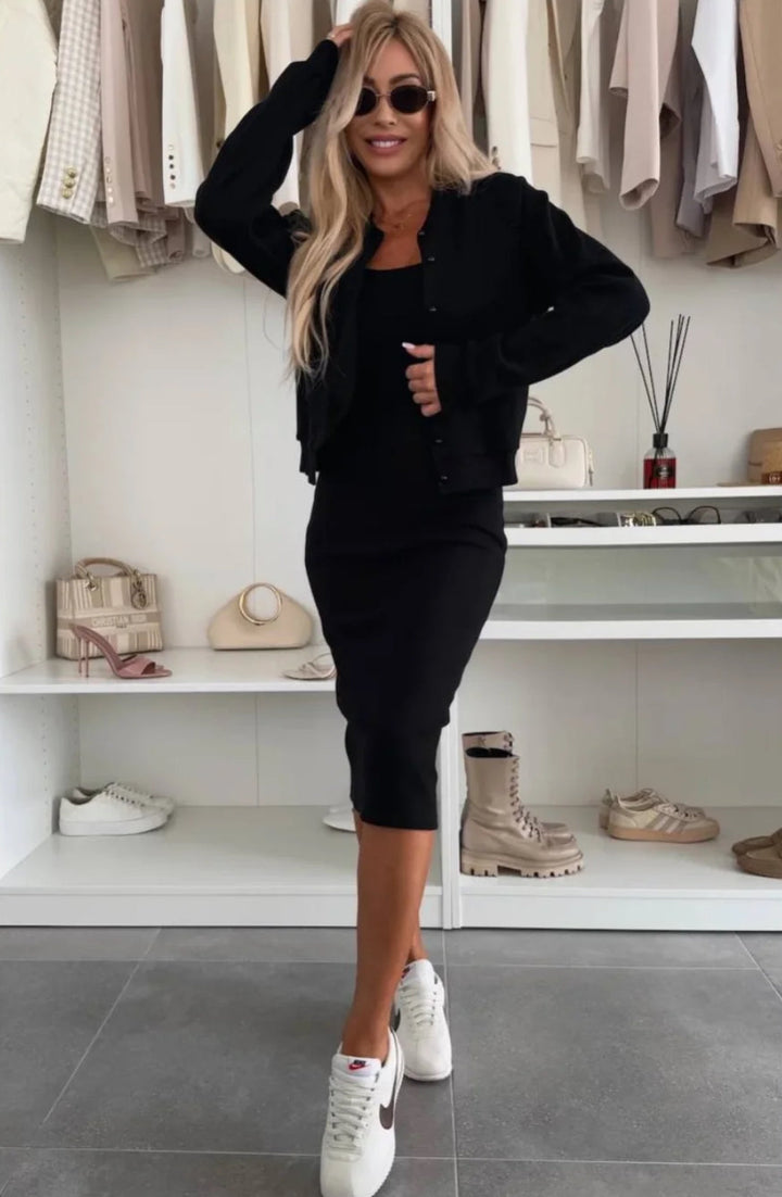 Karin™ | Abito midi in maglia a costine e set di giacche bomber