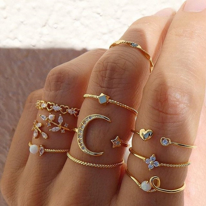 Pacchetto di 10 anelli in argento e oro bohemien