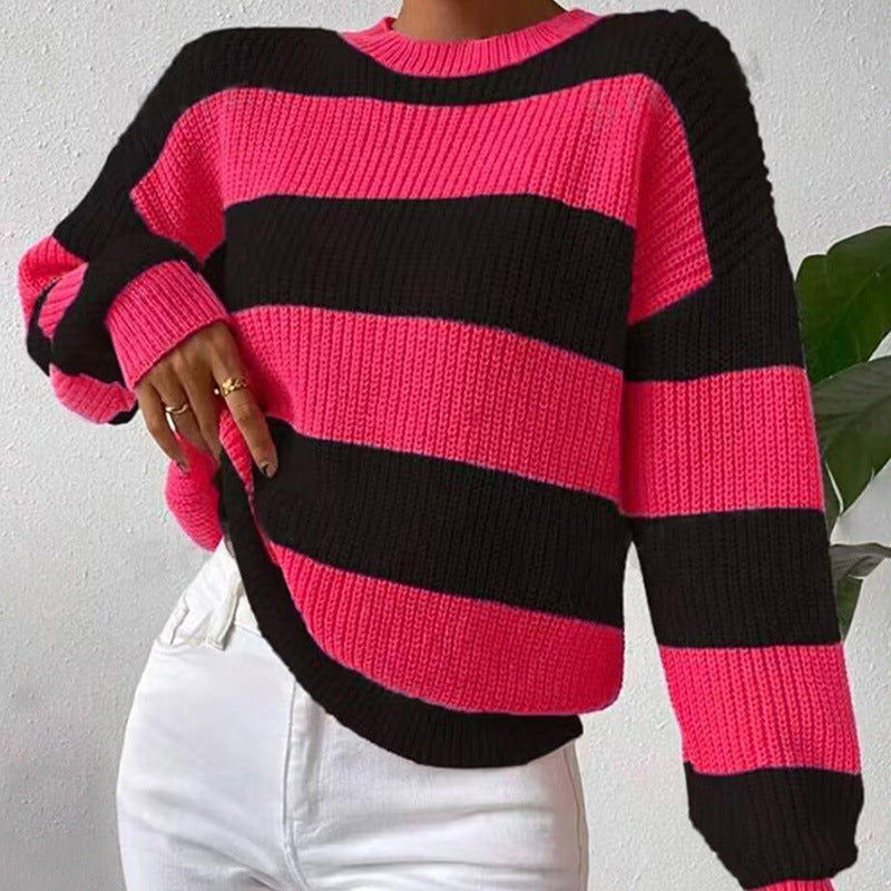 Maglione Donna Striato a Maniche Lunghe con Collo a Giro