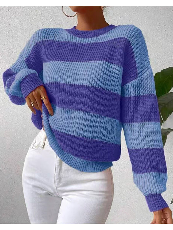 Maglione Donna Striato a Maniche Lunghe con Collo a Giro