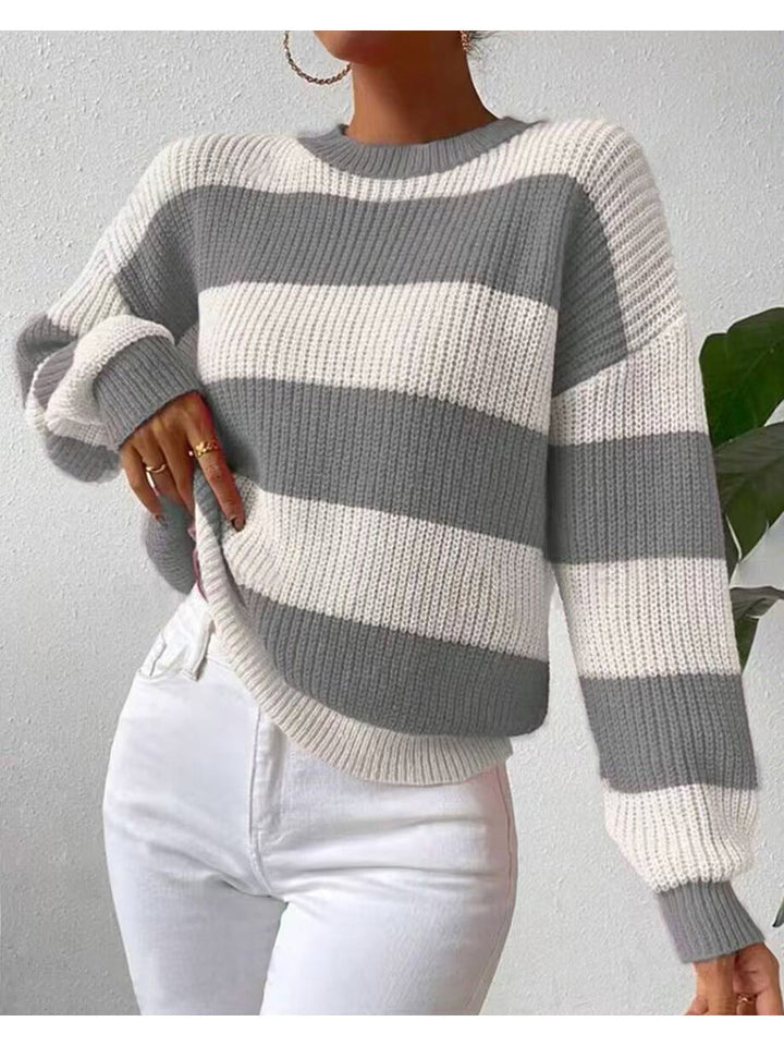 Maglione Donna Striato a Maniche Lunghe con Collo a Giro