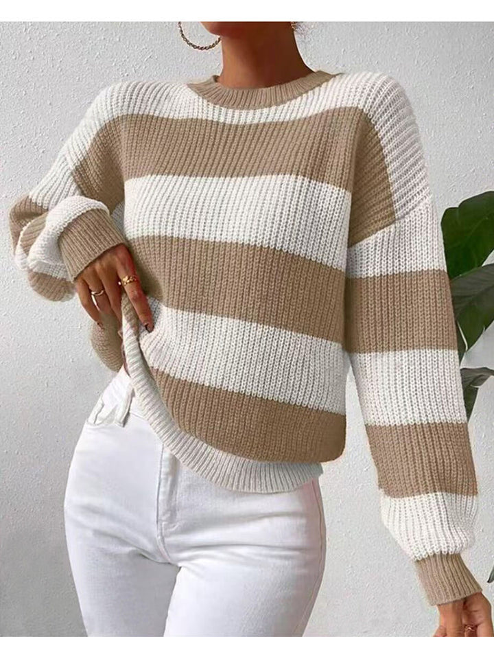 Maglione Donna Striato a Maniche Lunghe con Collo a Giro