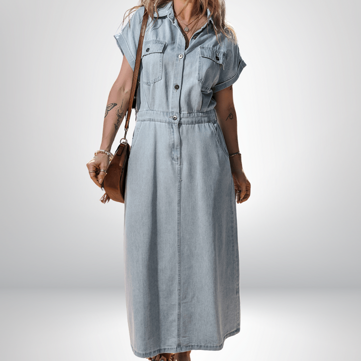 Sofia® | Elegante Vestito di Denim con Maniche a Pipistrello Corte