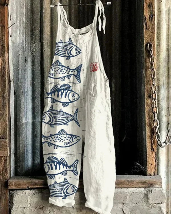 CAMILA – Pantaloni salopette larghi in lino con stampa giapponese
