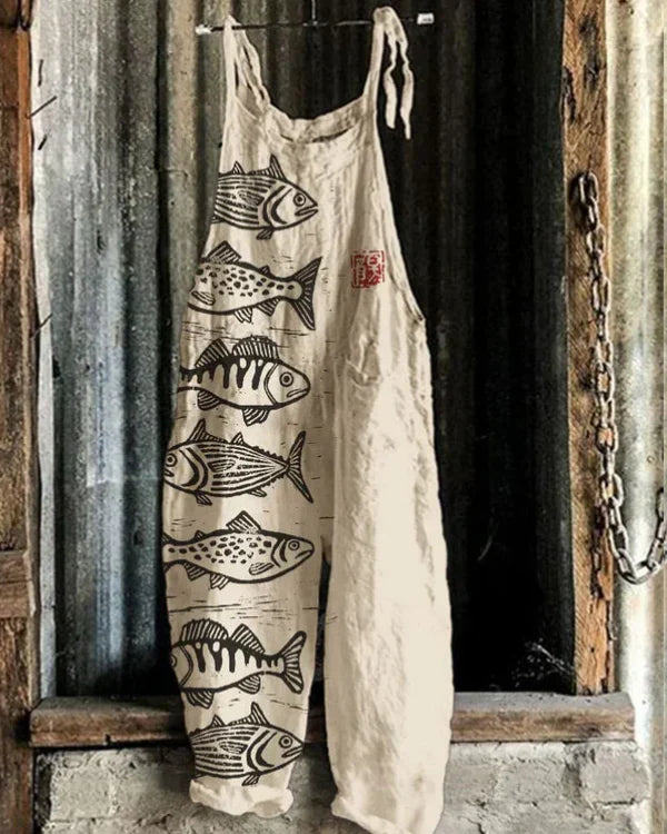 CAMILA – Pantaloni salopette larghi in lino con stampa giapponese