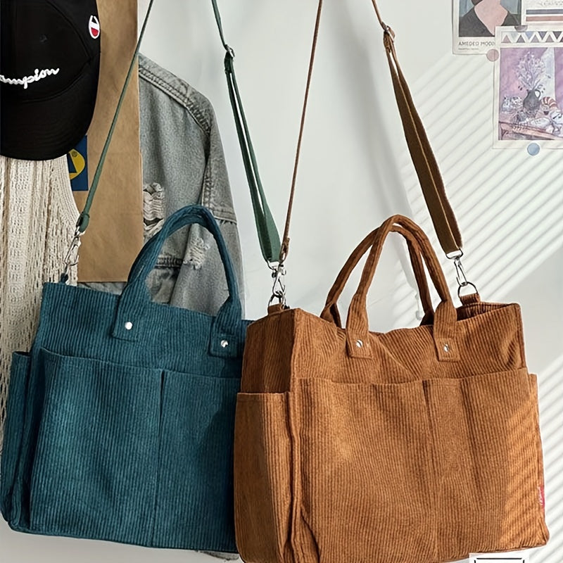 Borsa Tote in Velluto a Coste con Tasche