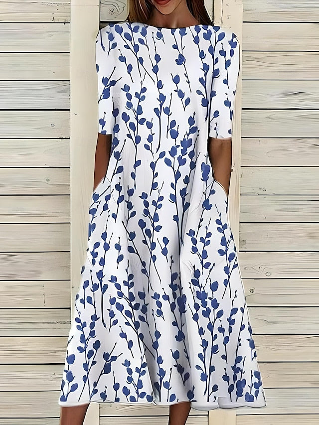 Sela™ – Abito midi estivo con scollatura rotonda e stampa di fiori costieri