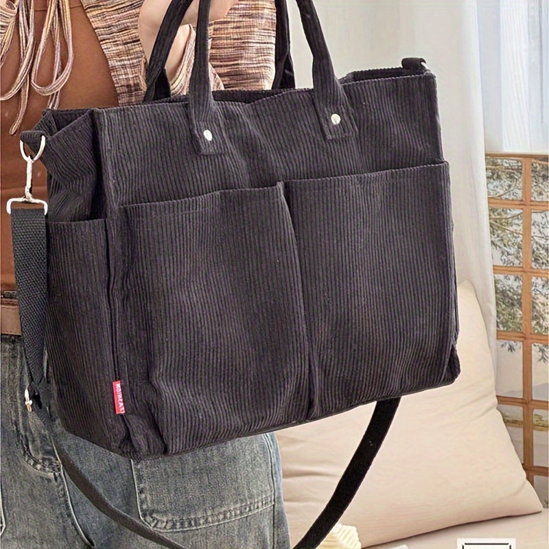 Borsa Tote in Velluto a Coste con Tasche