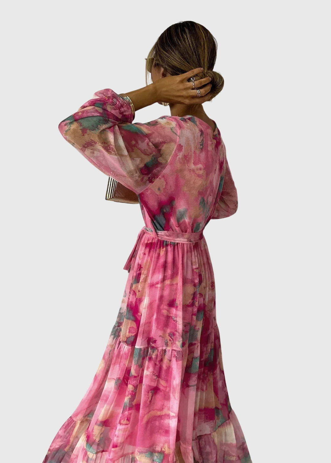 Amber - Abito Maxi Avvolgente con Stampa Floreale e Maniche Lunghe