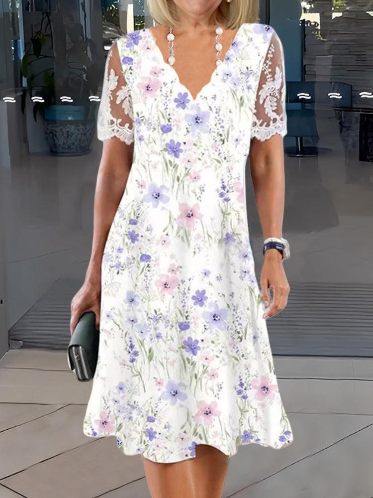 Vestito Mini a Maniche Corte con Stampa Floreale Lunvra