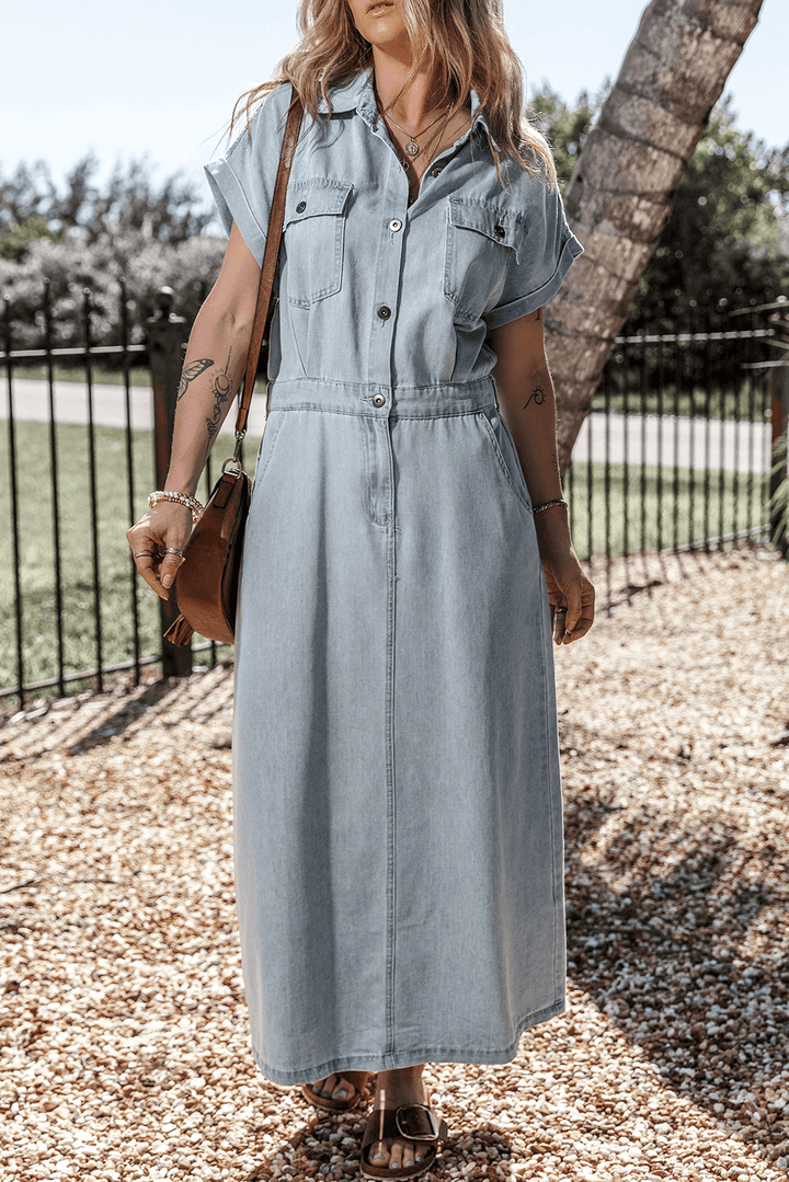 Sofia® | Elegante Vestito di Denim con Maniche a Pipistrello Corte