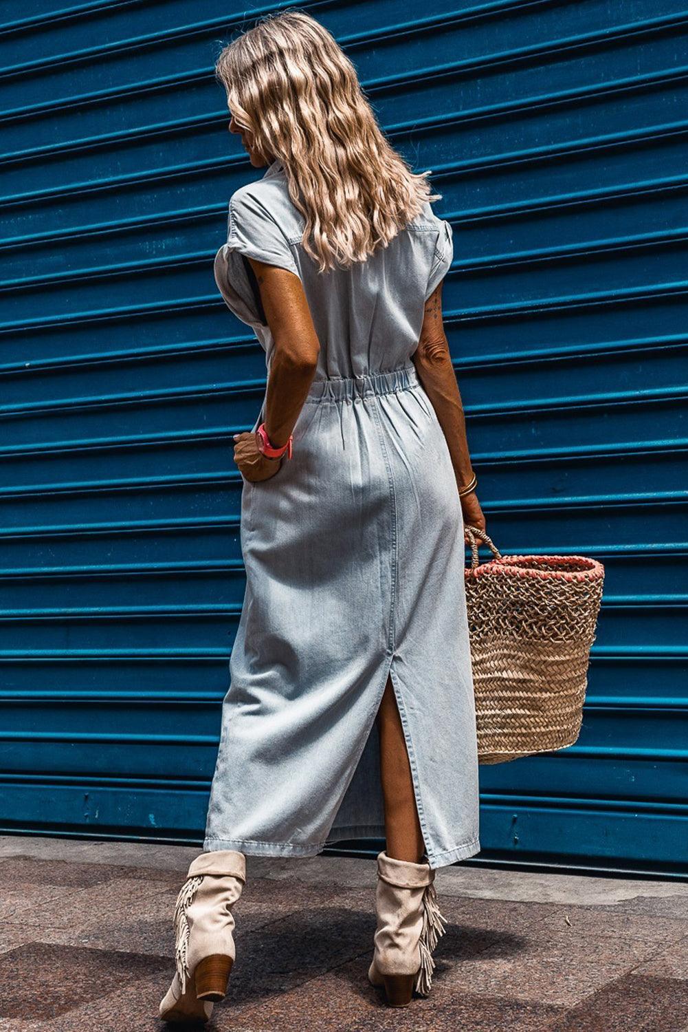 Sofia® | Elegante Vestito di Denim con Maniche a Pipistrello Corte