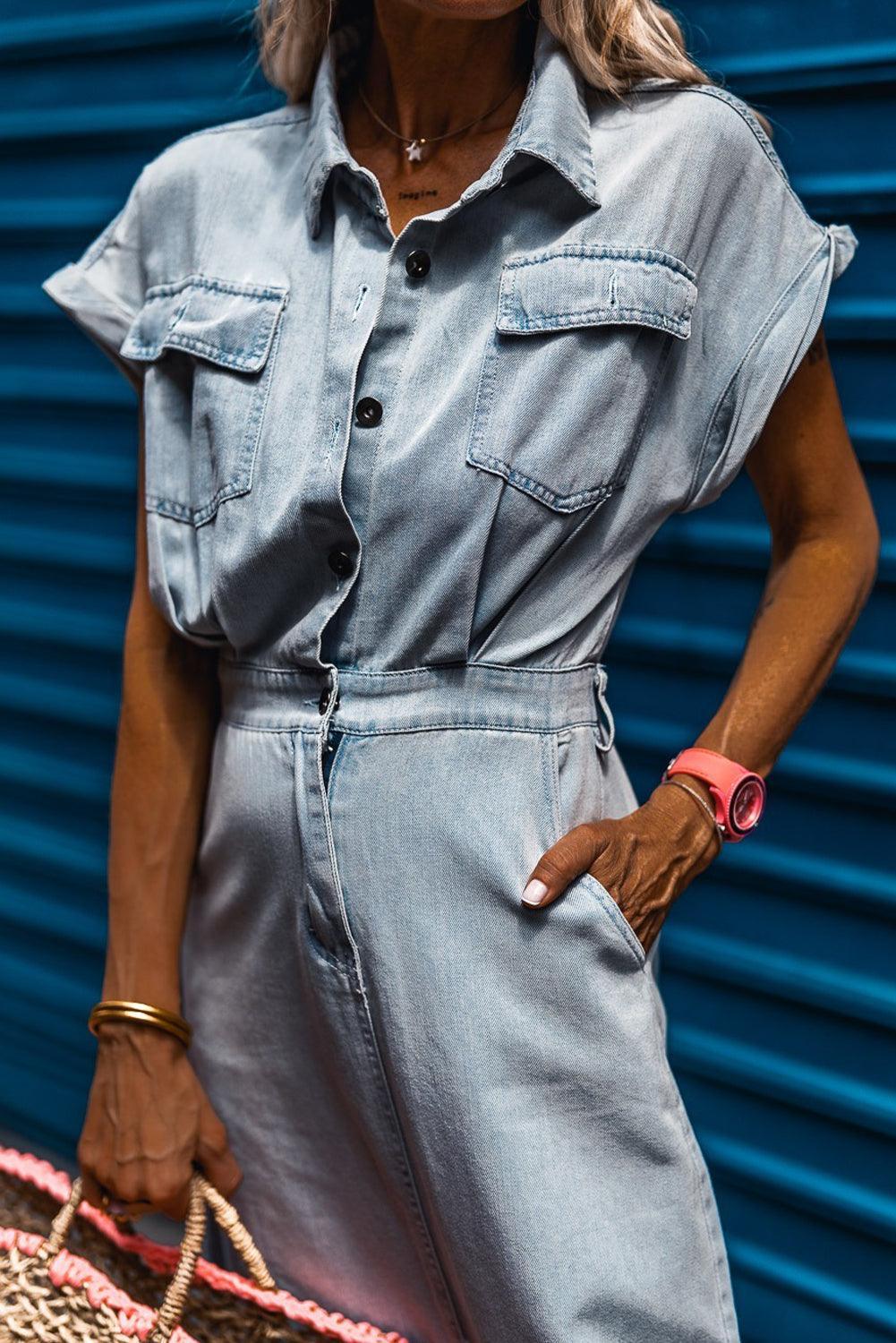 Sofia® | Elegante Vestito di Denim con Maniche a Pipistrello Corte