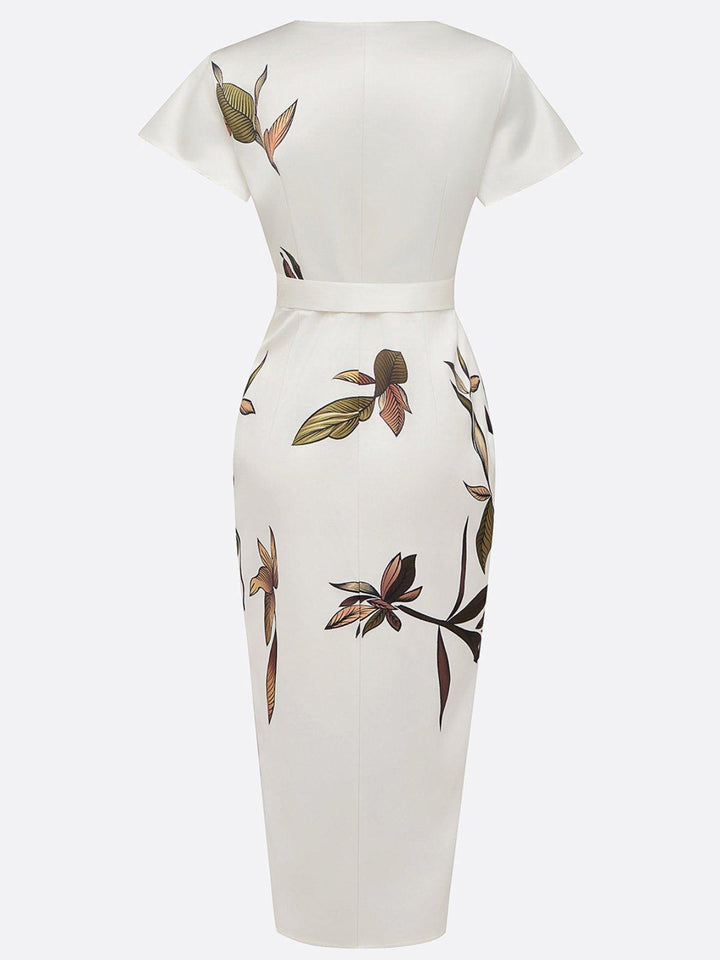 Daisy | Vestito midi avvolgente in satin con maniche corte e motivo foglia bianca