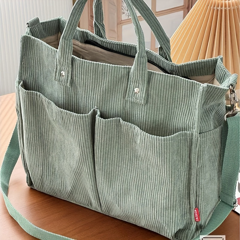 Borsa Tote in Velluto a Coste con Tasche
