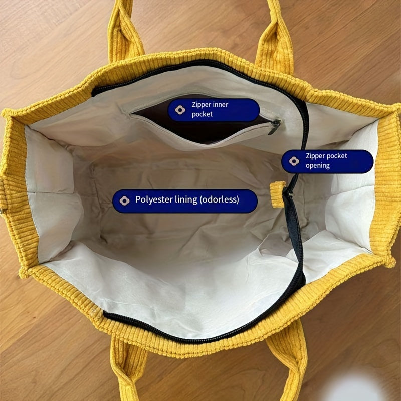 Borsa Tote in Velluto a Coste con Tasche