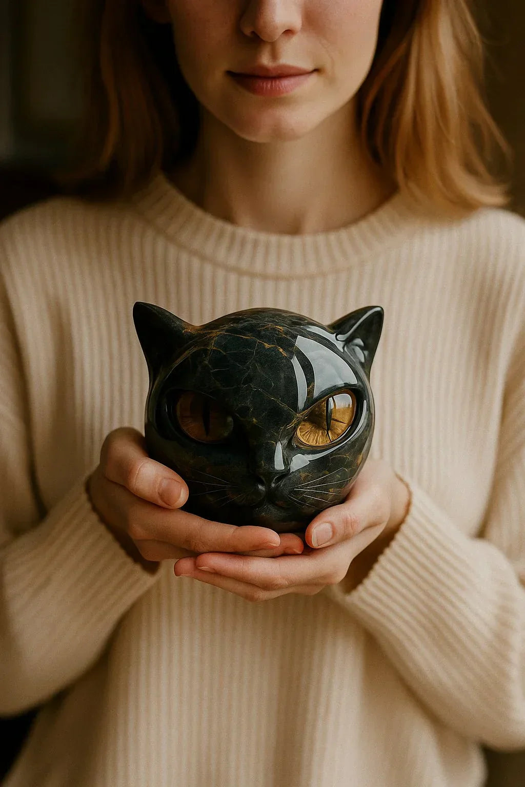 NyxCharm - Scultura mistica della testa di gatto nero