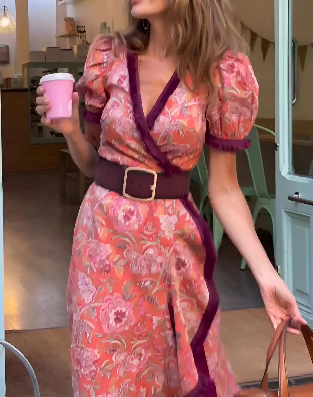 Aurora | Elegante Abito Maxi Rosa con Maniche Corte